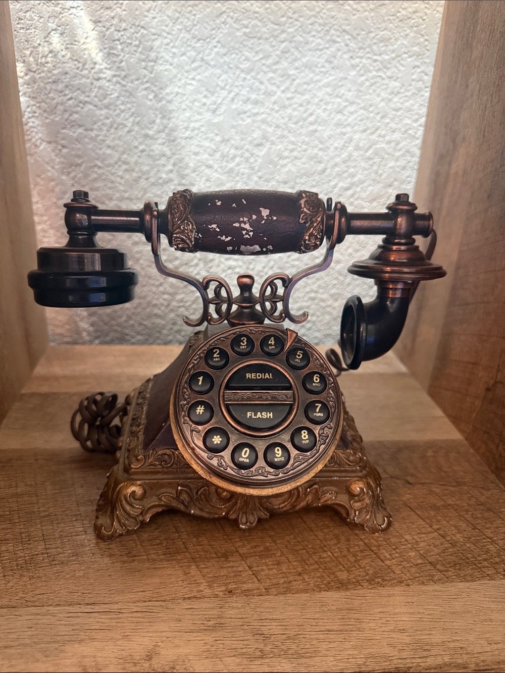 Vintage-Style Ornate Rotary Telephone in Bronze and Black | Decorative Piece